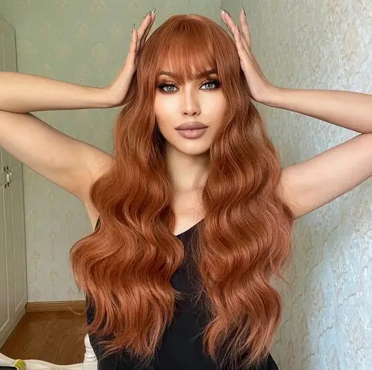 Orange Long Wavy Synthetic Hair Wigs with Bangs for White Women Cosplay Wigs High Temperature Fiber Natural Looking