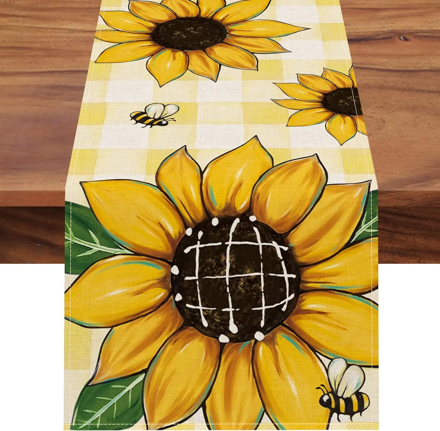 

Sunflower Wood Grain Retro Linen Table Runners Bee Holiday Party Wedding Decoration Table Runner Table Accessories Cover