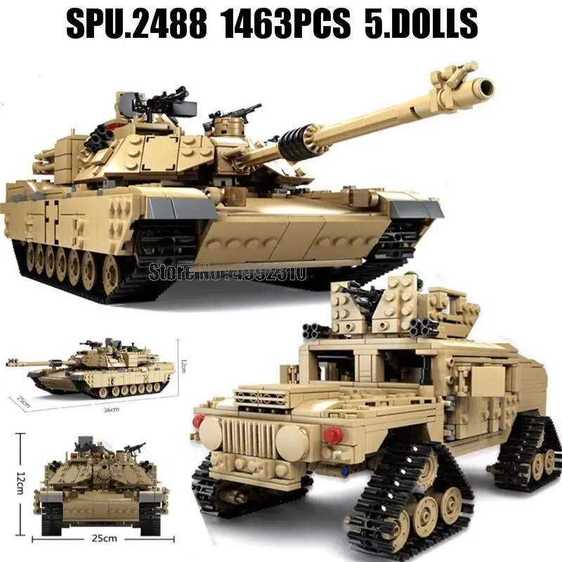 10000 1463pcs 2in1 Military Tank 1:28 Abrams M1a2 Caterpillar Vehicle Cars 5 Soldiers Army Weapon Boy Building Block Toy