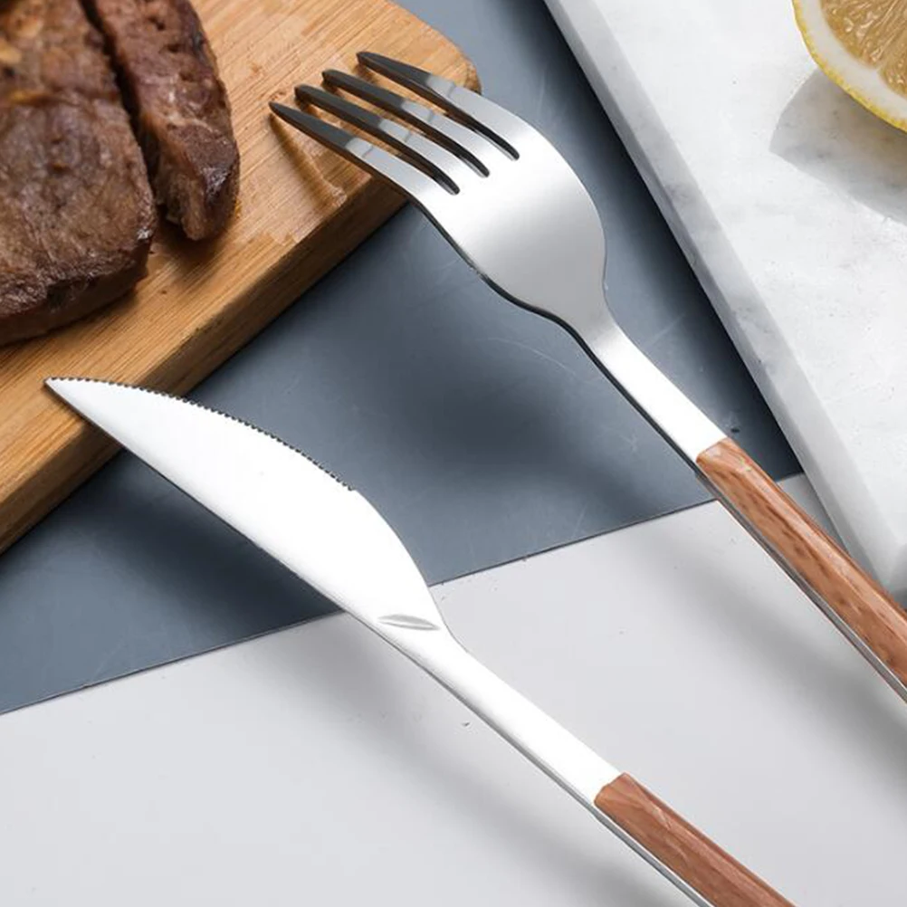 

3 Pcs Imitation Wooden Handle Fork Salad Servers Marbling Stainless Steel Tableware