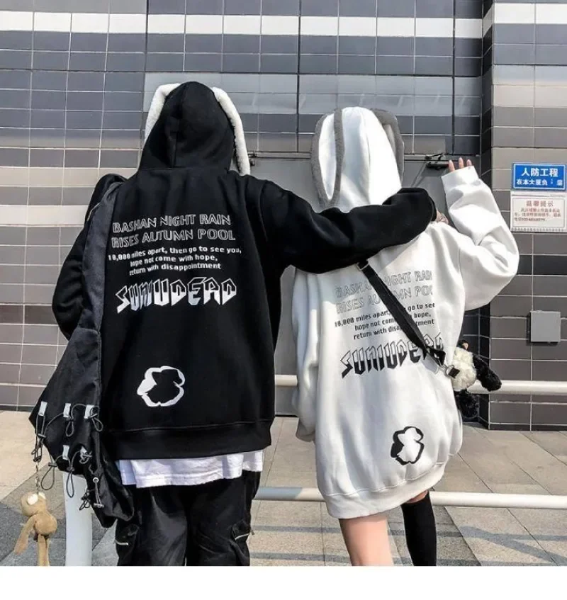 Autumn Winter Women Hoodies Harajuku Kawaii Rabbit Hoodie Sweatshirt Tops Cute Bunny Graphic Outerwear Korean Couple Hoodie 후드티