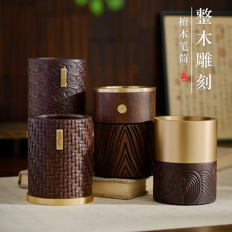 ✨-オリエンタル風水木製ペンオーガナイザー真鍮象嵌禅デスクキャディー無垢材筆立て卓上収納ホームオフィス装飾