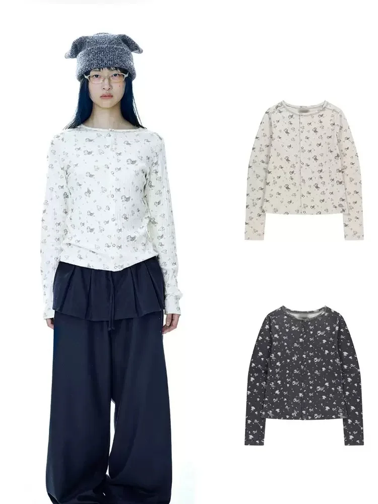 Leuke print katoenen lange Sve ronde Ne Base T-shirt dames losse pasvorm comfortabele ademende werkkleding met bloemenpatroon