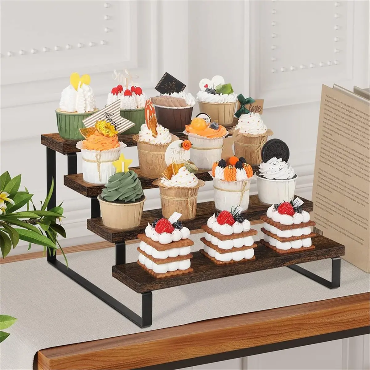 Rustic Wooden 4-Tier Spice Rack Organizer - Kitchen Display Shelf for Sundries