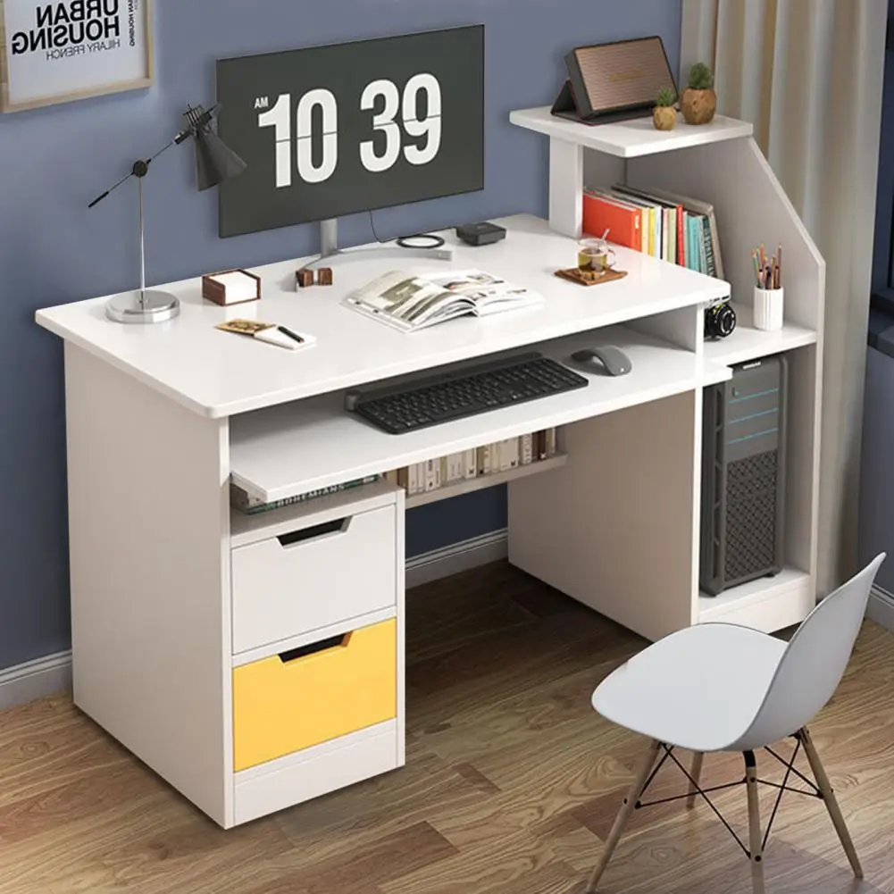 Computer Desk With 2 Drawers And 3 Hutch Shelves,Plate Type Office Desk Wtih Keyboard Drawer,Rounded Corner Writing Desk,White