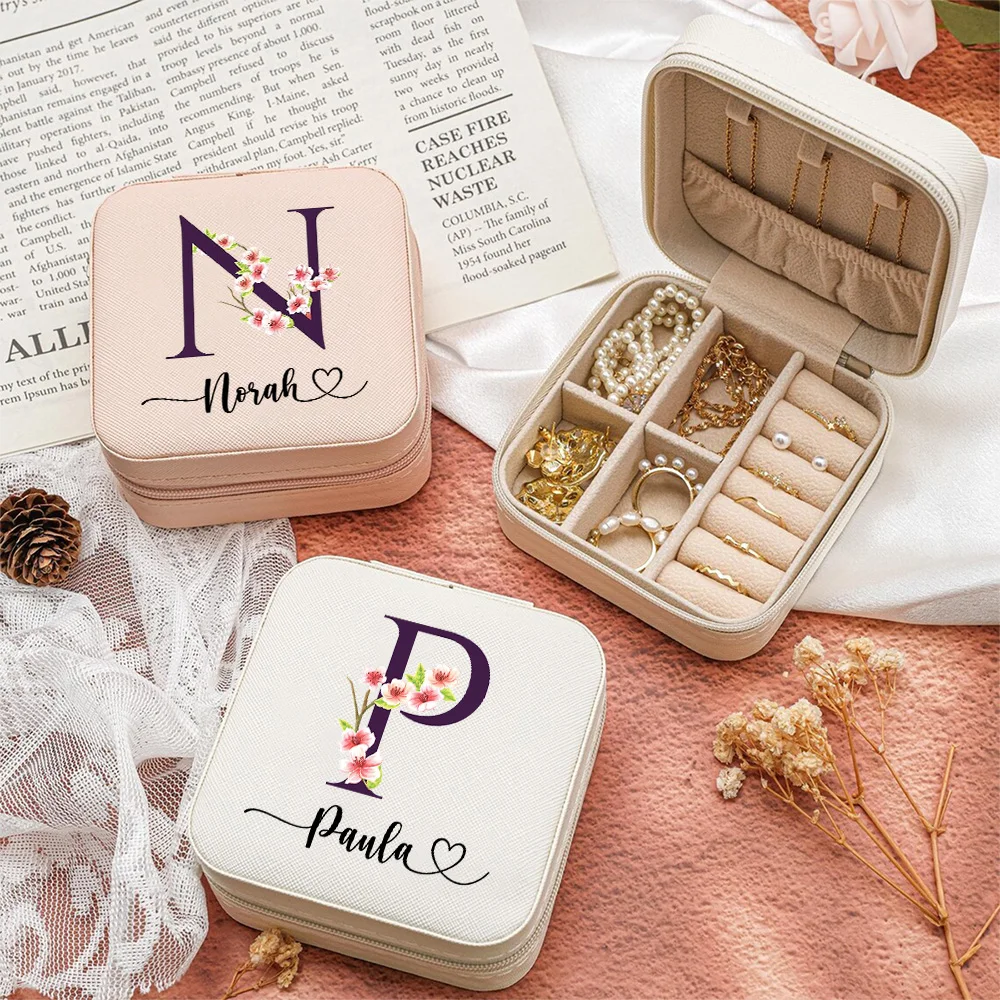 1pc Customized Name Fashion Flower Letters Jewelry Box, Ideal Wedding Bridesmaid Gift PU Leather Jewelry Storage Organizer Bags