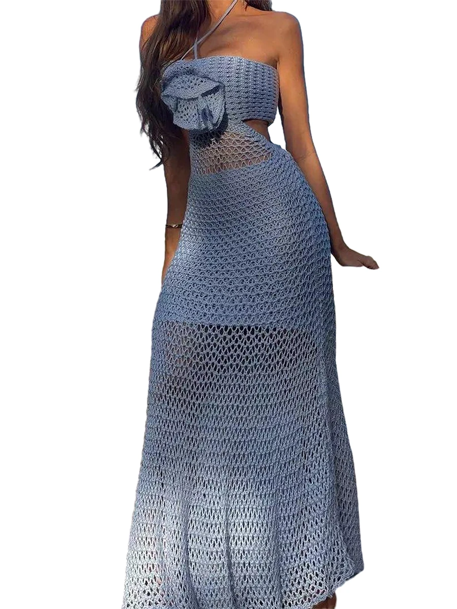 Frauen gestrickt Neck holder Kleid fit ausgehöhlten Ausschnitt ärmel los durchsichtig 3d Blume einfarbig langes Kleid für Party Club