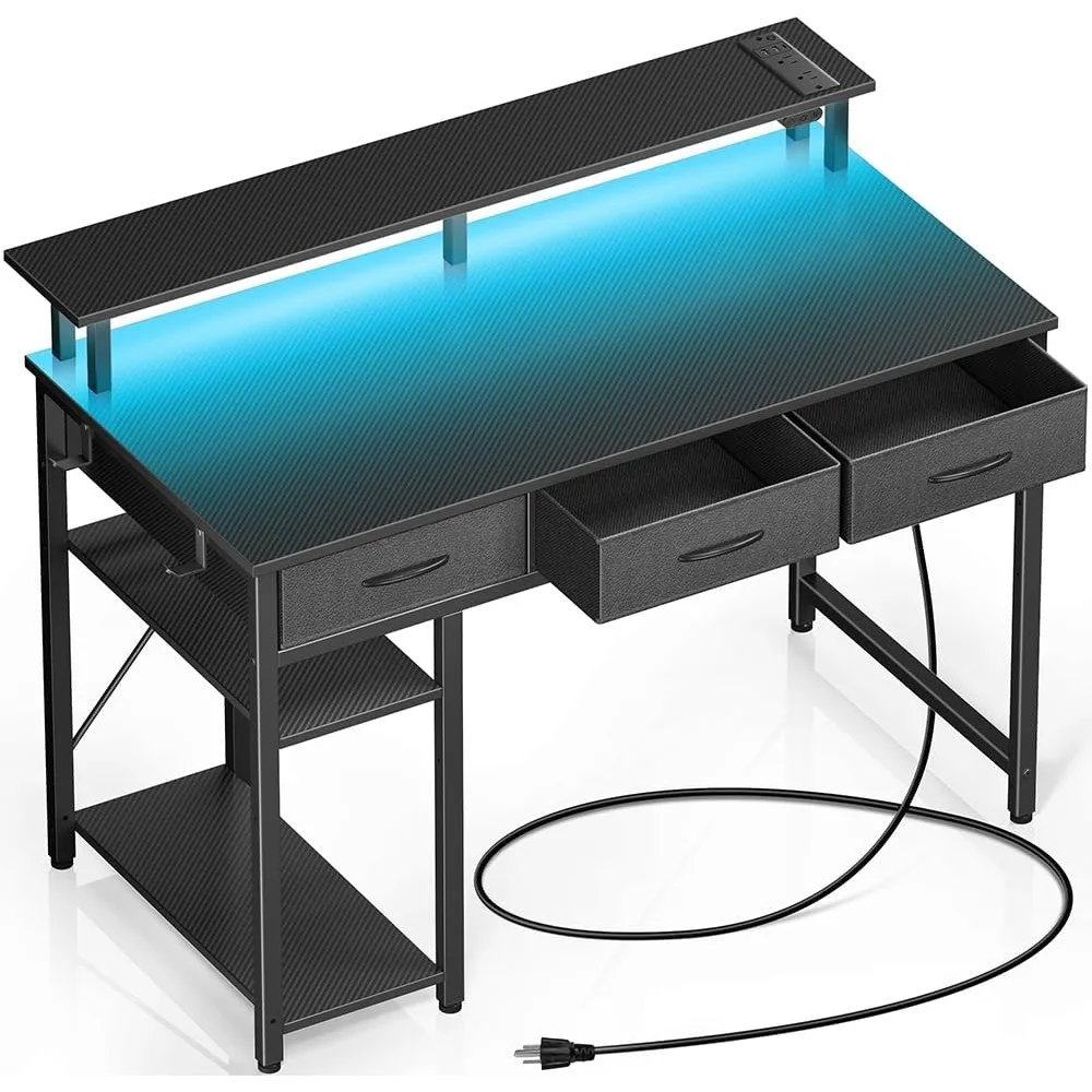 Computer Desk with Power Outlets & LED Light, 39 inch Home Office Desk with 3 Drawers and Storage Shelves, Writing Desk