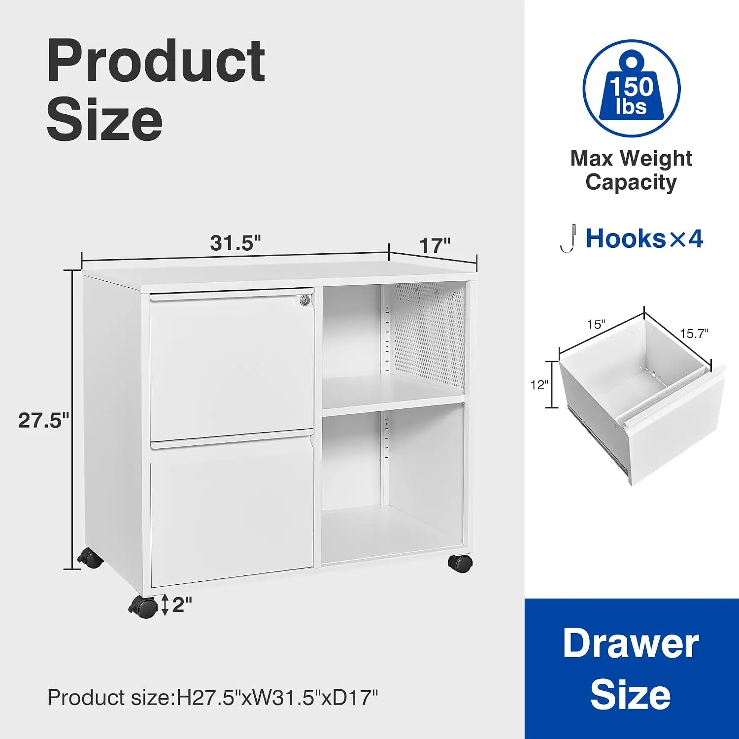 2-Drawer Mobile Filing Cabinet with Lock & Open Storage, Printer Stand for Home Office, White Left Drawer, Customized
