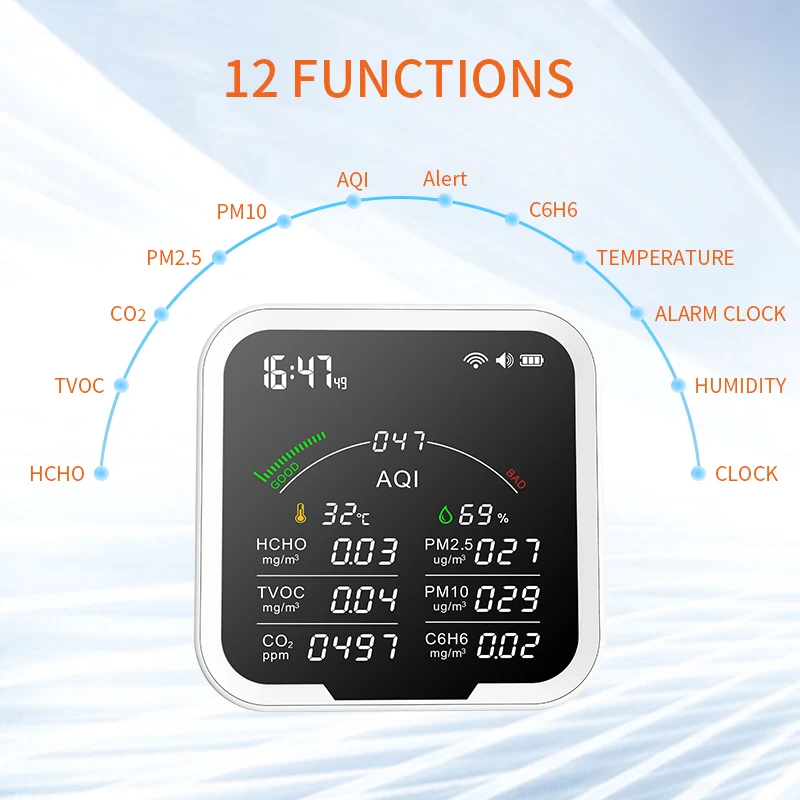 Tuya WIFI Multi-Function Monitor de Qualidade do Ar, Termohigrômetro, Alarme de Relógio e Detector de Gás, PM2.5,PM10,HCHO,C6H6,CO2 Sensor