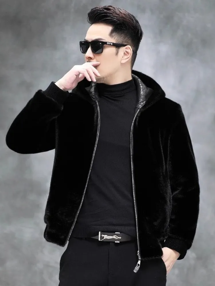 Fashion Winter Mens Faux Fur Coat Warm Casual Outerwear Zipper Long Sleeve High Street Punk Luxury Double-Sided Hooded Jacket