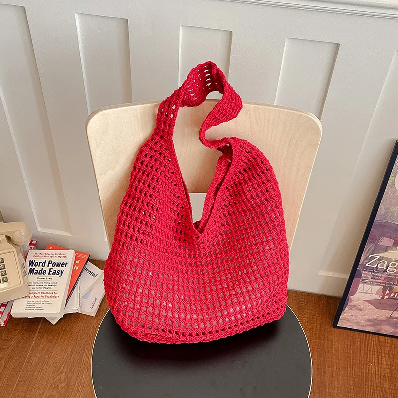 

Korean Style Red Hollow Out Large Capacity Crossbody Bag Women Summer Simple Beach Bag Fashionable and Versatile Shoulder Bag