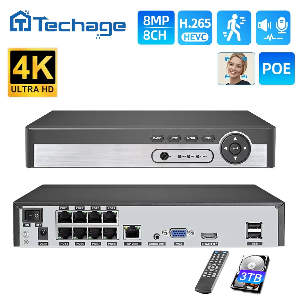 Techage H.265 8CH PoE NVR 4K 5MP 8MP 1080P Ultra HD Netzwerk-Gesichtserkennungs-Videorekorder mit Audio für CCTV-Sicherheitssystem ONVIF