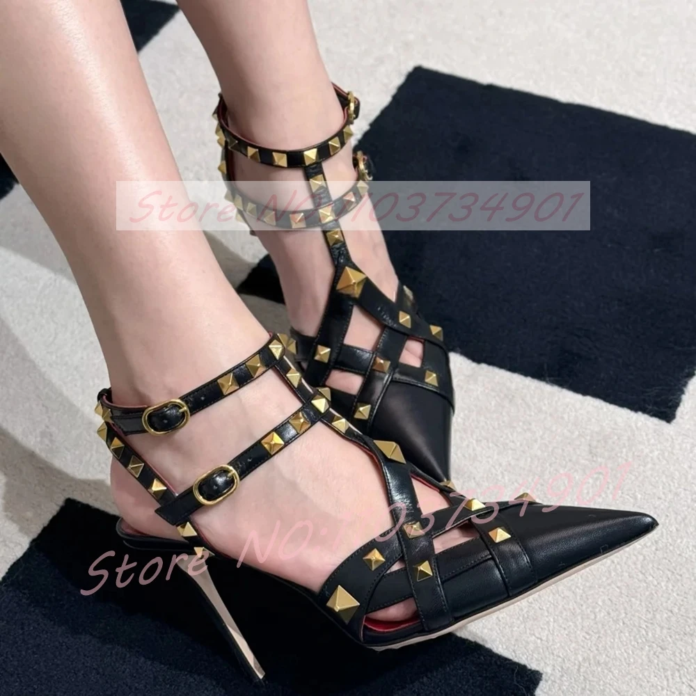 Women's Pointed Toe Stiletto Sandals With Gold Rivets Sexy Nude Pink Cross Strap Cut-Out Sandals Feminine Stylish Glam Footwear view 4