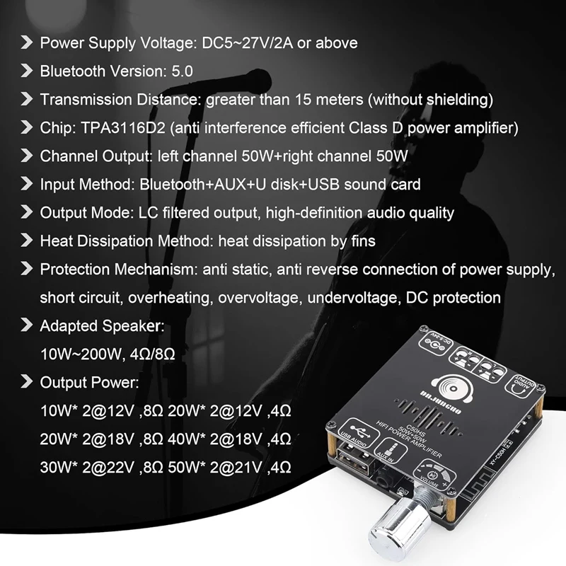 DAJUNGUO C50HS Bluetooth Amplifier Board Set Kit 50W+50W TPA3116D2 Hifi Chip 12-24V Digital Audio Power Amplifier Module Set Kit