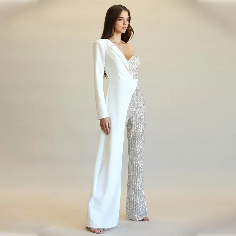 Women's Jumpsuit Silver Patchwork Sequin Single Shoulder Long Sleeved Fashionable Sequin Jumpsuit