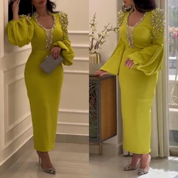 Santorini Ankle Length Prom Dresses for Women Saudi Arabia Pearls Long Sleeves Birthday Party Evening Formal Occasion Gowns