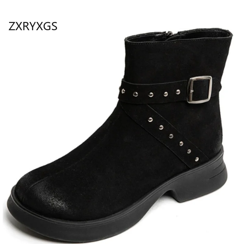 

ZXRYXGS Ботинки премиум-класса из матовой воловьей кожи, 2025 г., мотоциклетные ботинки с пряжкой в британском стиле, удобные ботинки на среднем каблуке