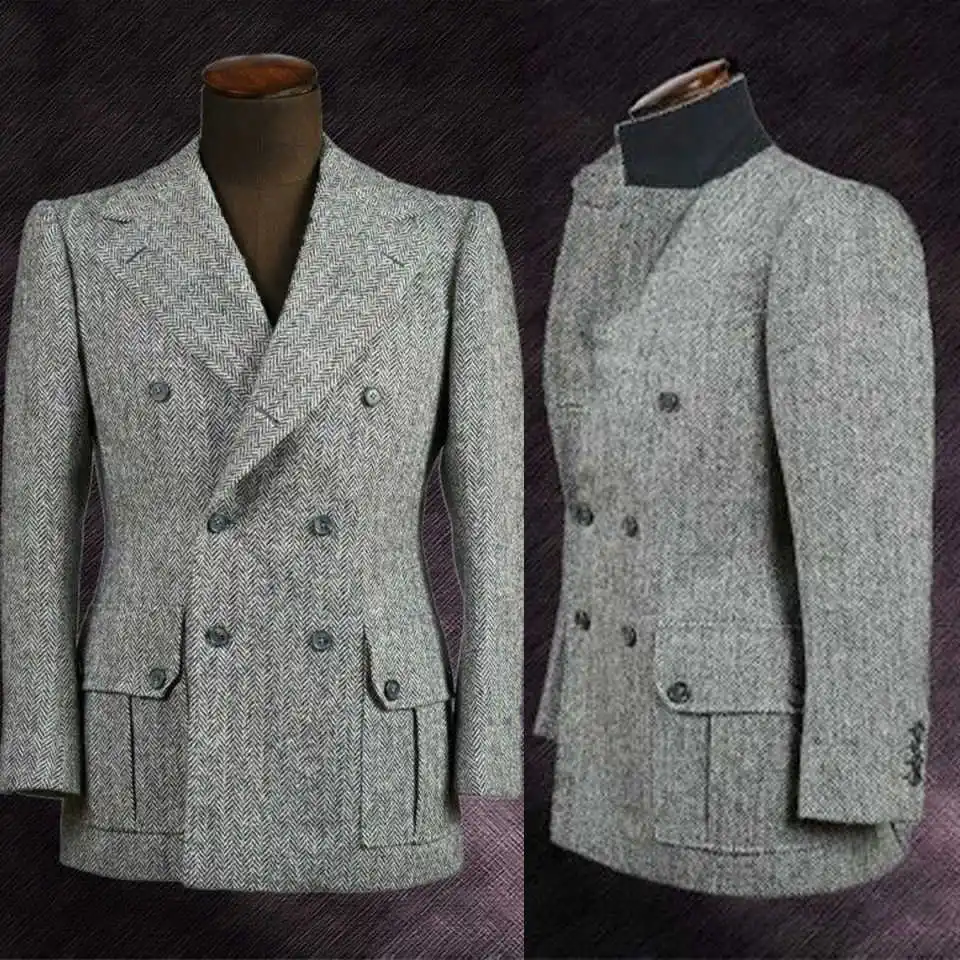 

Мужской костюм-пиджак на заказ с узором «ёлочка», двубортный, с острыми лацканами, для торжественных случаев, теплый (traje de hombre)