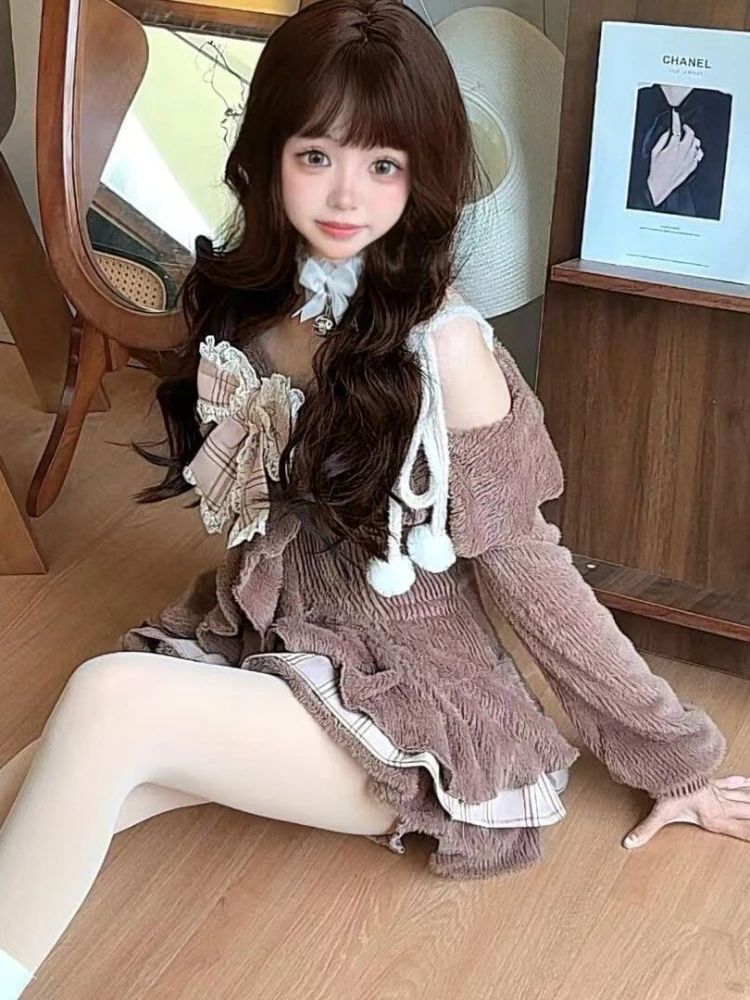 Japoński zestaw Sweet Lolita, dwuczęściowy, damski, bluzka z długim rękawem i kokardą + mini spódniczka w kratę, zimowy, kobiecy, kawaii, modny zestaw, nowość 2025