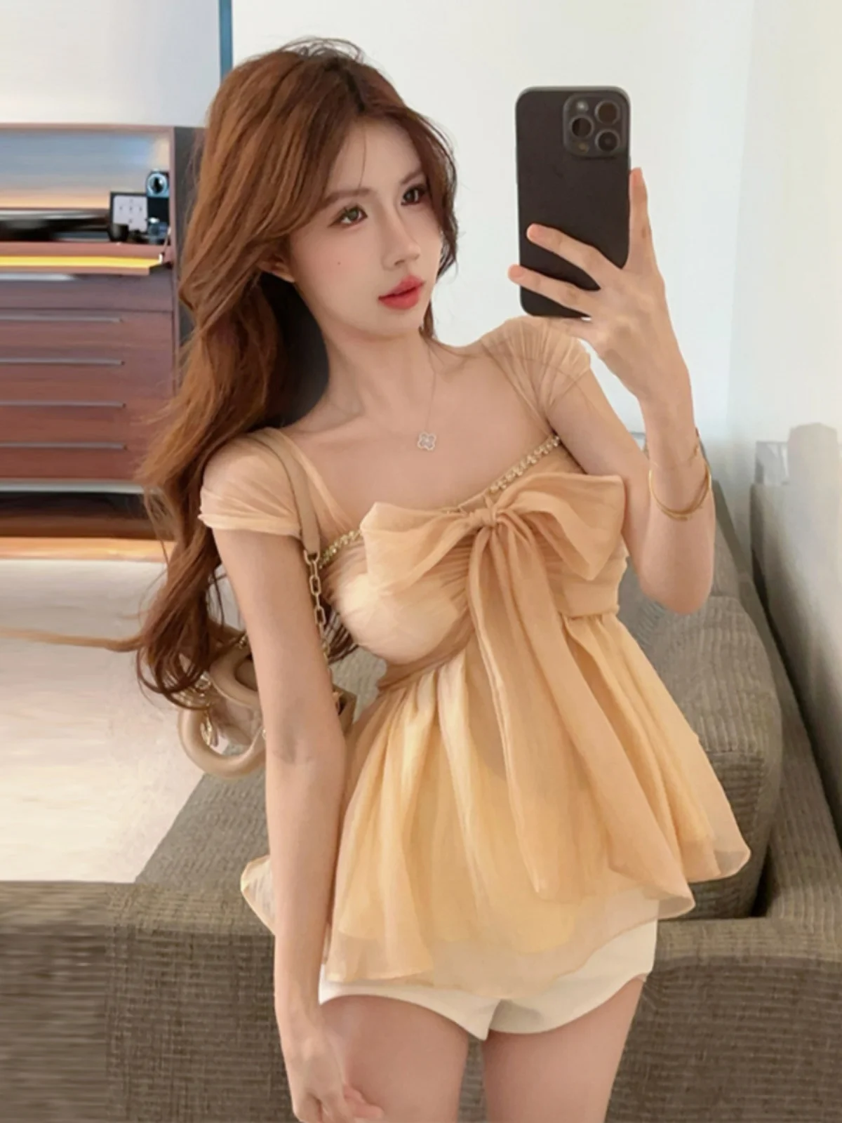 Korejpaa Hotsweet Camis Elegant Korean Fashion Suspender Diamond Mesh Tie Bow Pleated Top Outwear Casual Slimming Tanks