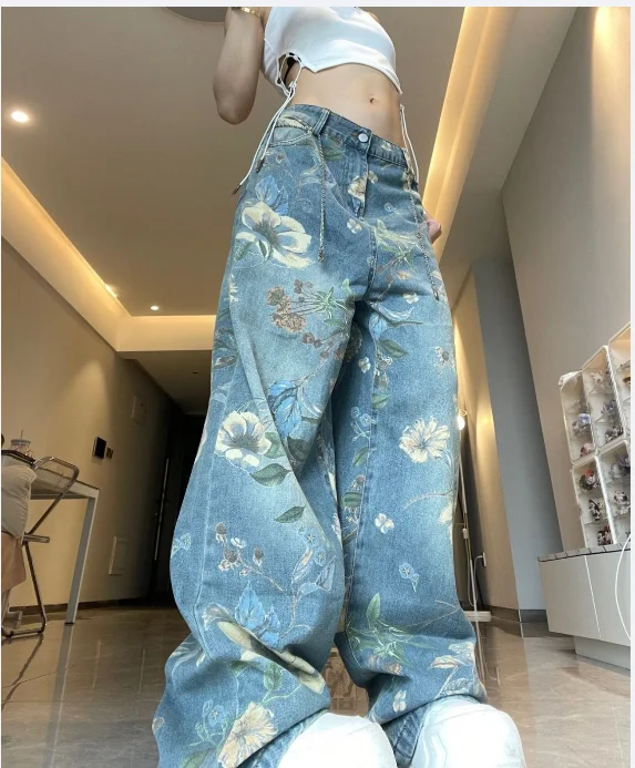

American Retro Floral Print Jeans for Women Fashionable Street Straight Wide-leg Jeans Street Y2k Hot Girls High Waist Trousers