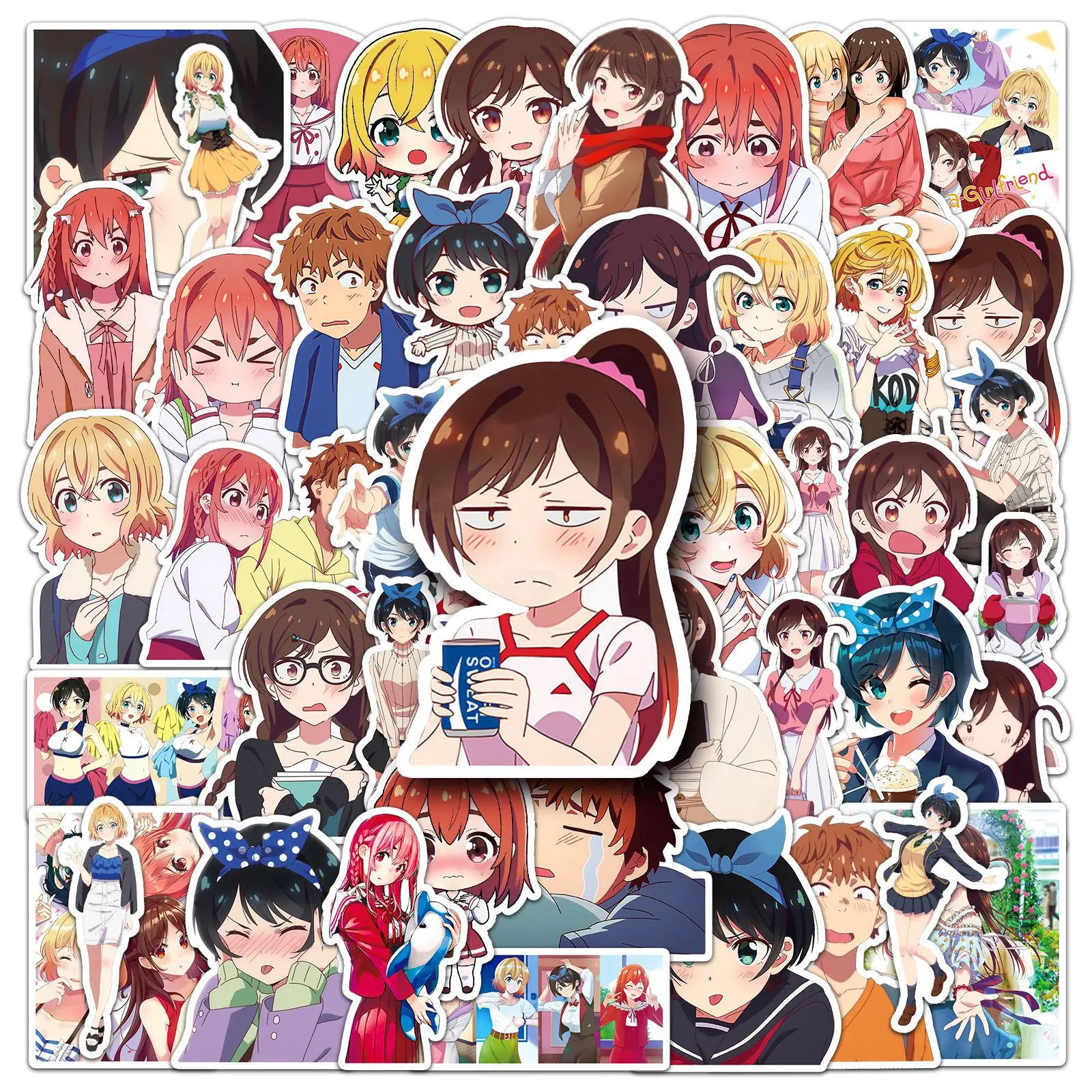 50 Pcs Rent-a-Girlfriend Anime Cartoon Wateroproof Sticker Anime Peripherals Notebook Phone Case Water Cup Decoration Sticker