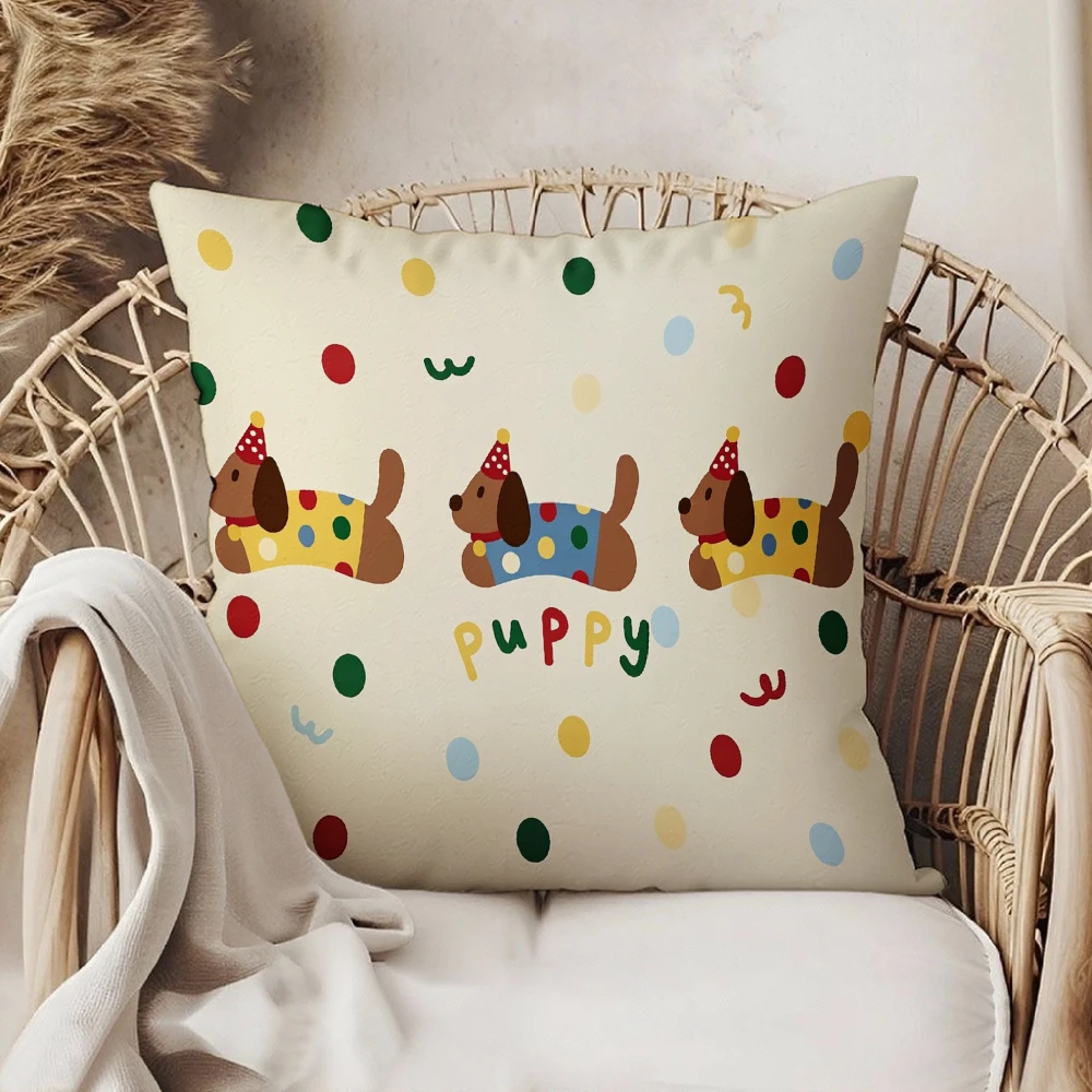 Square Throw Pillow Case Cream White Cute Dachshund Puppy Birthday Party Hat Polka Dots Print For Living Room Sofa Bedroom Home
