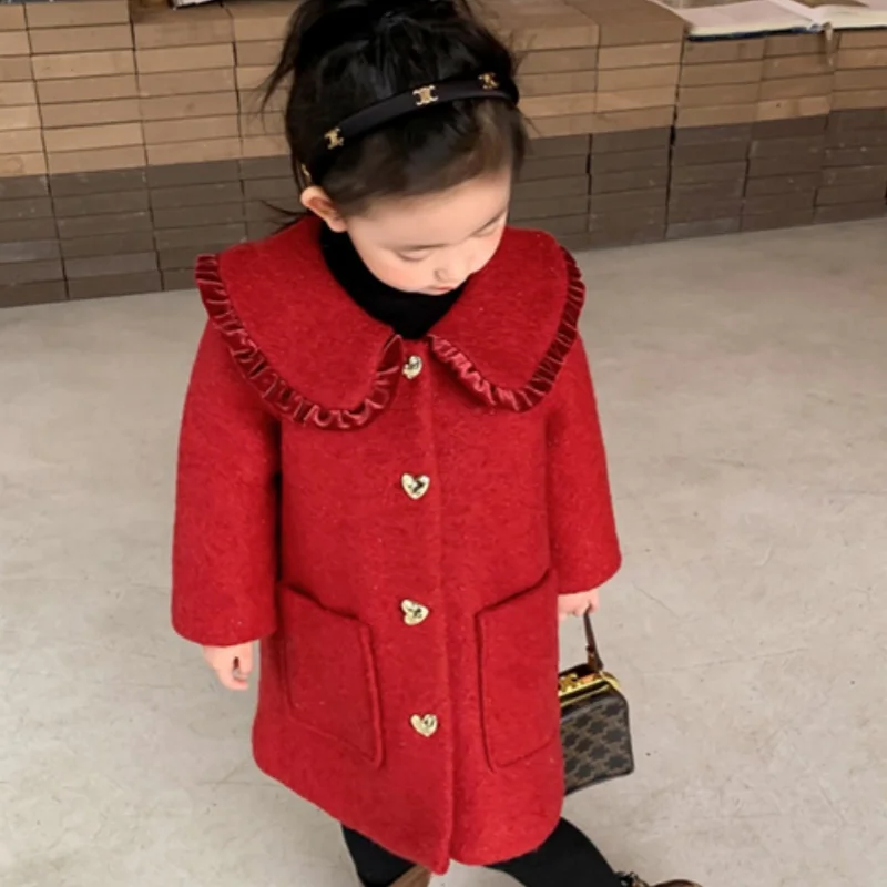 Girls Woolen Coat Overcoat Jacket Windbreak Outerwear 2024 In Stock Warm Thicken Winter Warm Snowsuits Christmas Gift Children's