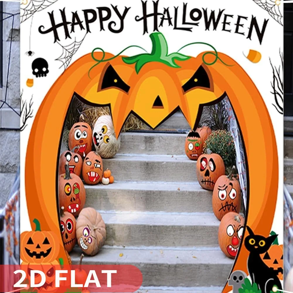 1 Stück 2D FLACHE Kürbis-Design-Türbanner, ideal für Halloween-Party, hängende Türdekoration – großes Stoffschild zum Aufhängen
