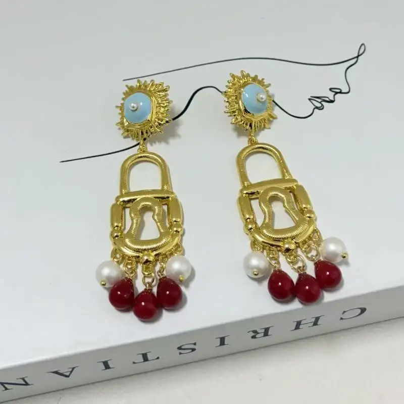 

Retro European And American Style Metal Earrings for Women Evil Eye Devil's Eye Lock Shape Red And Blue Color Block Exaggerated