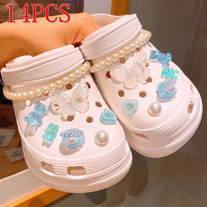 12/14PCS 1Set Pearl Butterfly DIY Detachable Buckle Shoes Accessories Shoe Decoration Set Advanced Bow Shoe Decorations