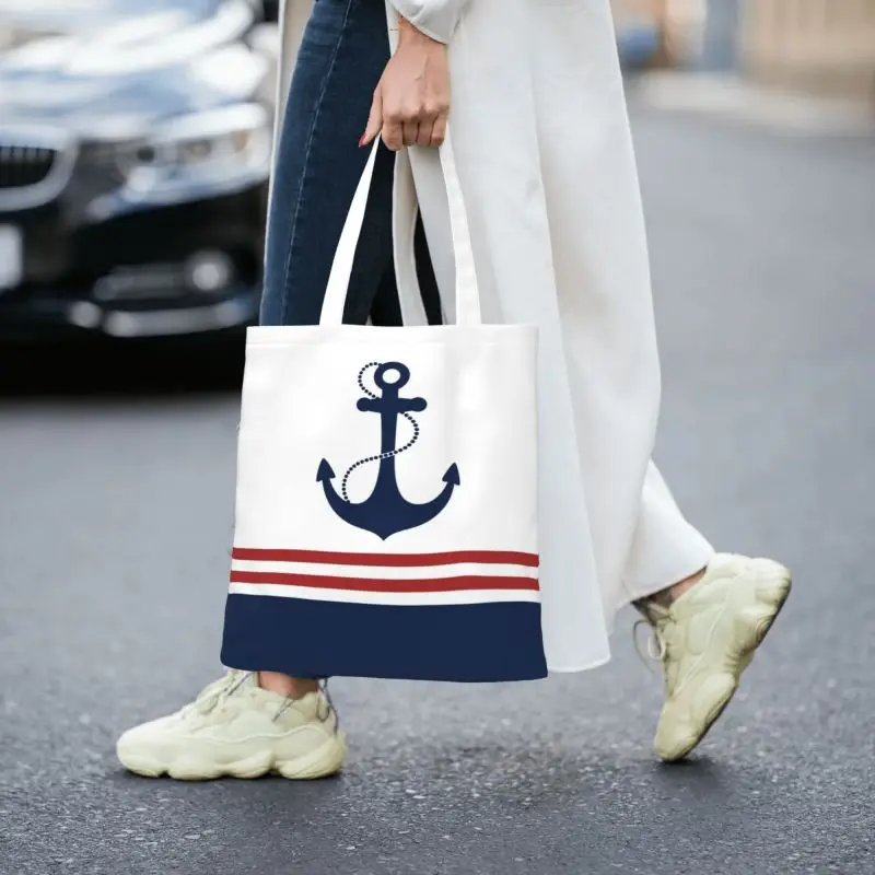 Custom Cute Print Nautical Navy Blue Anchor With Stripes Tote Shopping Bags Canvas Shoulder Shopper Sailing Sailor Handbag