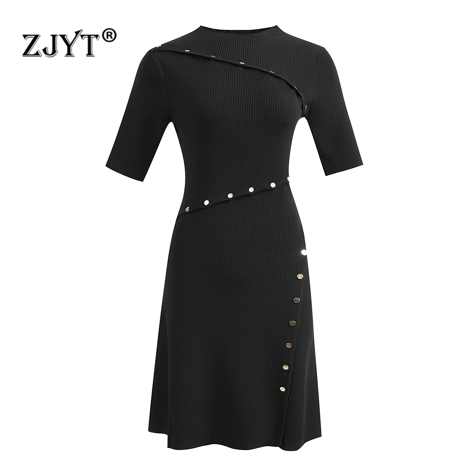 

ZJYT Fashion Women's Knitting Summer Dress Sweaters 2024 Designer Short Sleeve Buttons Solid Black White Dress Casual Knitwears