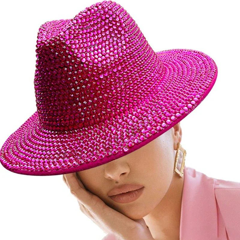 Chapeau de Cowboy unisexe entièrement en diamant Panama pour hommes et femmes, chapeaux de Jazz à large bord, Design en strass, fête sur scène, Performance sur scène, Fedora