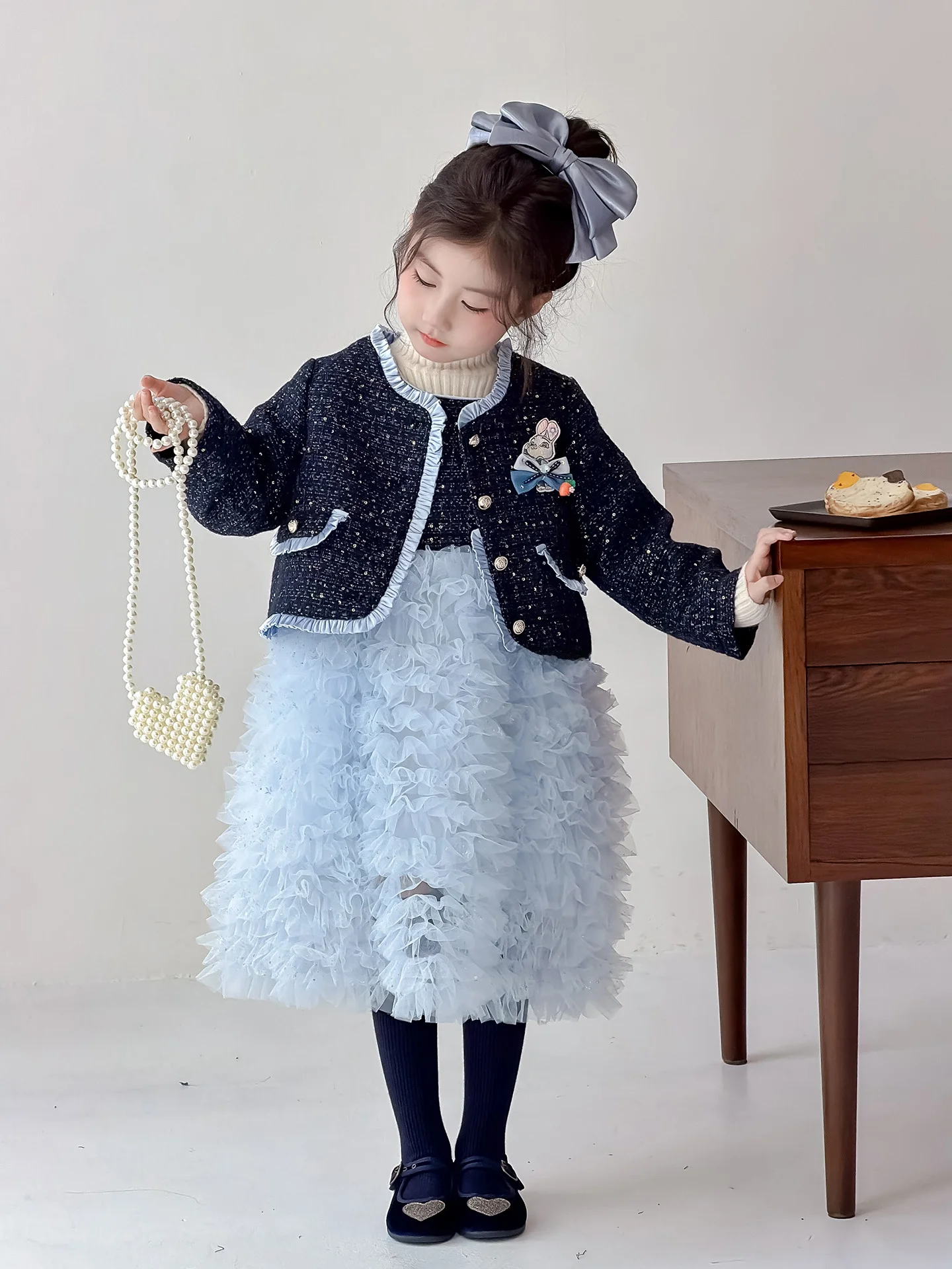 girls-dress-rabbit-police-uniform-puffy-princess-skirt-children's-autumn-outfit-set-spring-autumn-cartoon-style-mid-waist-a-l