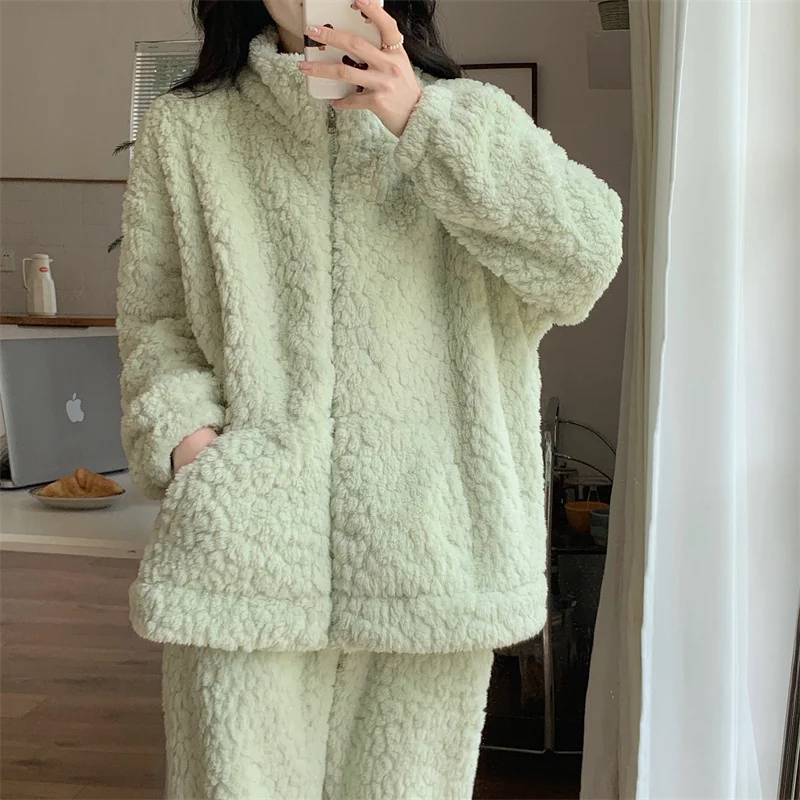 Sleepwear women's winter long plush high neck zipper pure lustful style thickened coral velvet casual cardigan sports home wear