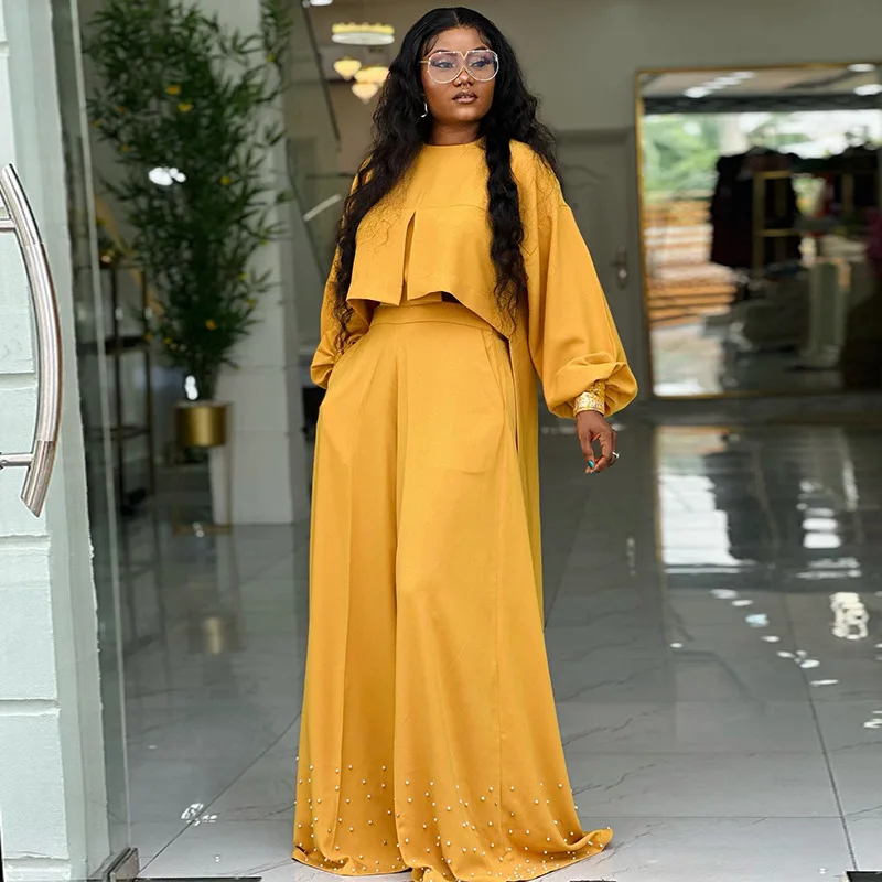 

Matching Sets Women Casual Two Pieces Set Pants Sets Loose Solid Lantern Sleeves Pullover Top Beaded Waist Wide Leg Pants