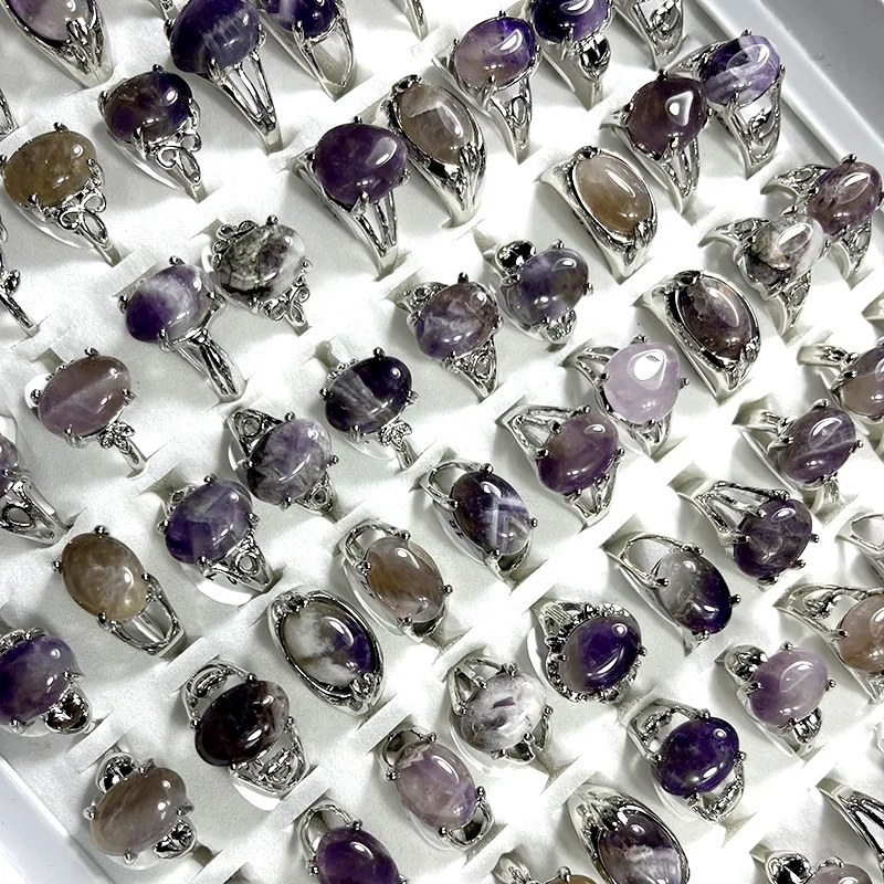 50Pieces /Lot New Design Natural Amethyst Purple Stone Silver Plated Ring Ladies Women Rings Wholesale Jewelry LR4210