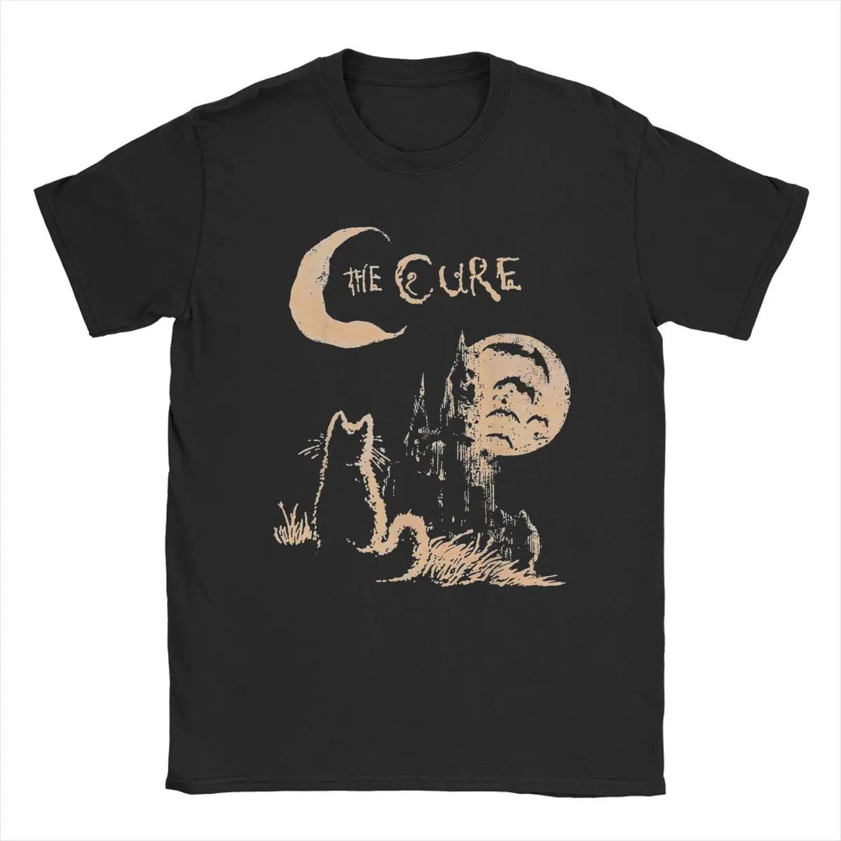 The Cures Cat Moon T-Shirts Men Robert Smith Music Band Novelty 100% Cotton Tee Shirt Round Neck Short Sleeve T Shirt Clothing