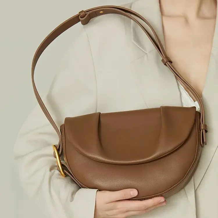 Leather Shoulder Bag Crossbody Bag Cowhide Wrinkled Underarm Saddle Bag Women's Large Capacity