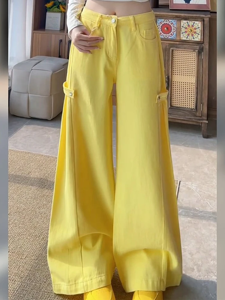 Sweet Yellow Jeans Women Loose High Waist Vintage Preppy Style Denim Pant Casual Pockets Fall Winter Retro Wide Leg Trousers New