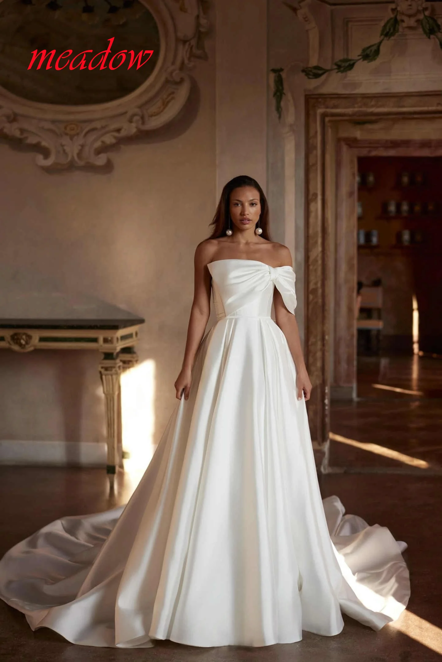

Customized White Satin One Shoulder Bow Wedding Dress Simple Modern Delicate Boat Neck Bridal Party Chapel Train High Quality