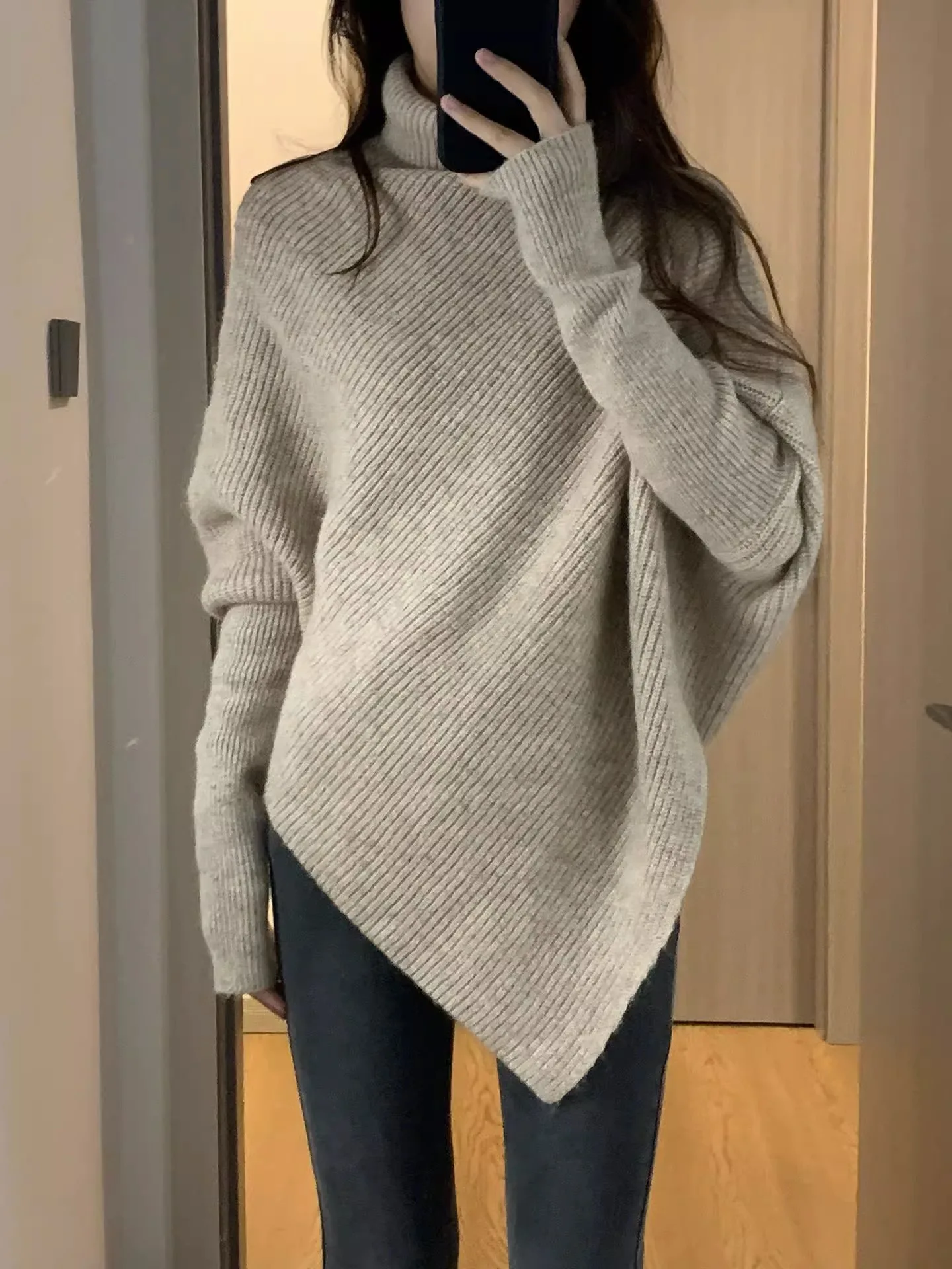 

High Collar Asymmetrical Thiened Knitted Sweater Women's Spring Autumn Loose Lazy Sle Soft Cozy Knitwear Top