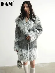 [EAM] Gray Big Size Elegant Warm Faux Fur Jacket New Lapel Long Sleeve Women Coat Fashion Tide Autumn Winter 2024 1DH4049