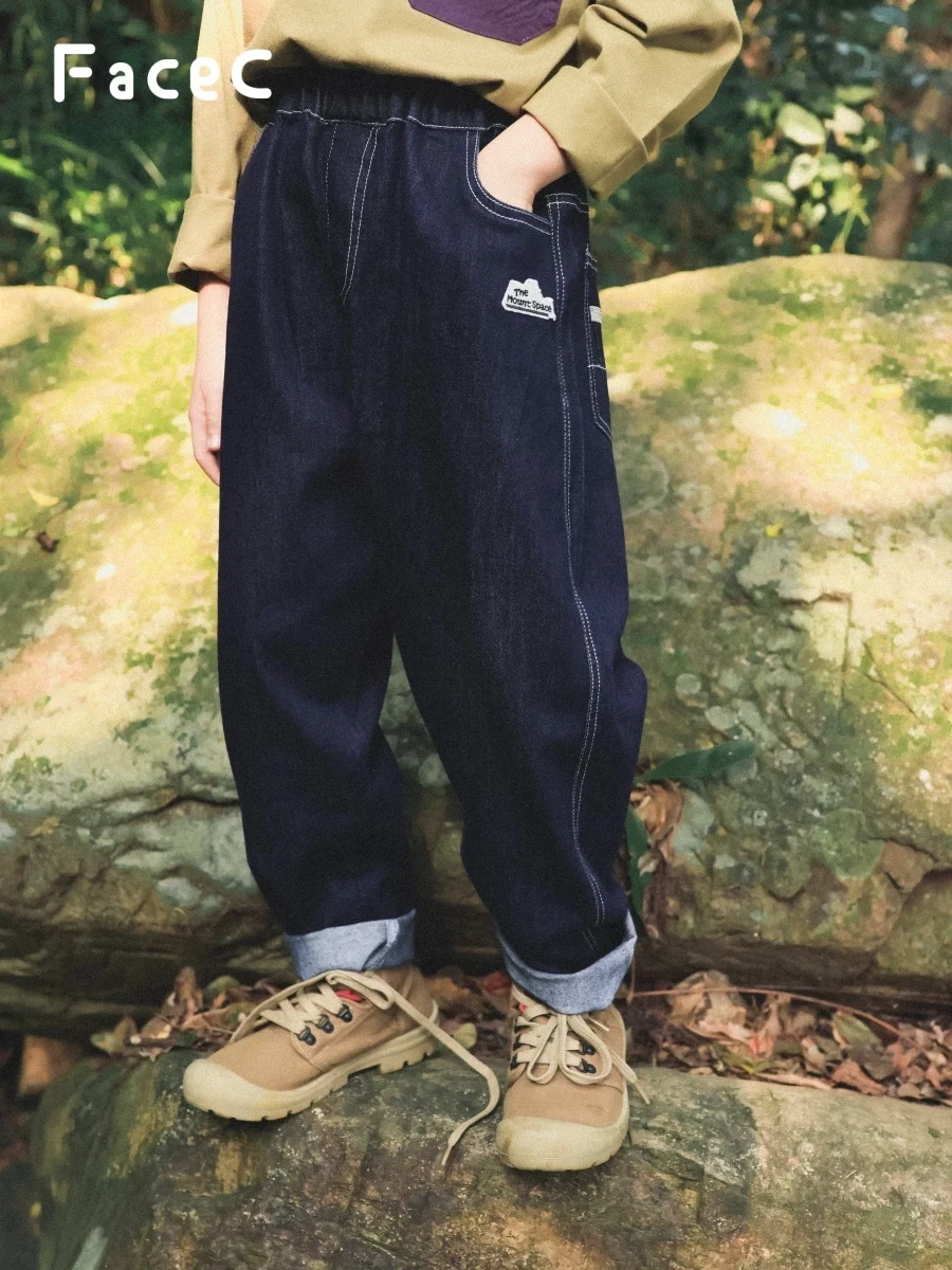 Facec Straight Leg Jeans Boys Spring New Loose Casual Long Pants Outdoor Cotton Trousers for Middle And Large Children
