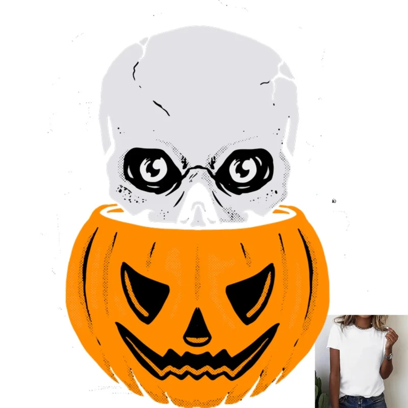 Halloween Pumpkin Skull Heat Transfer White Ink Iron - on Patch, Stylish & Funny Pattern, Suitable for T - shirts, Canvas Bags