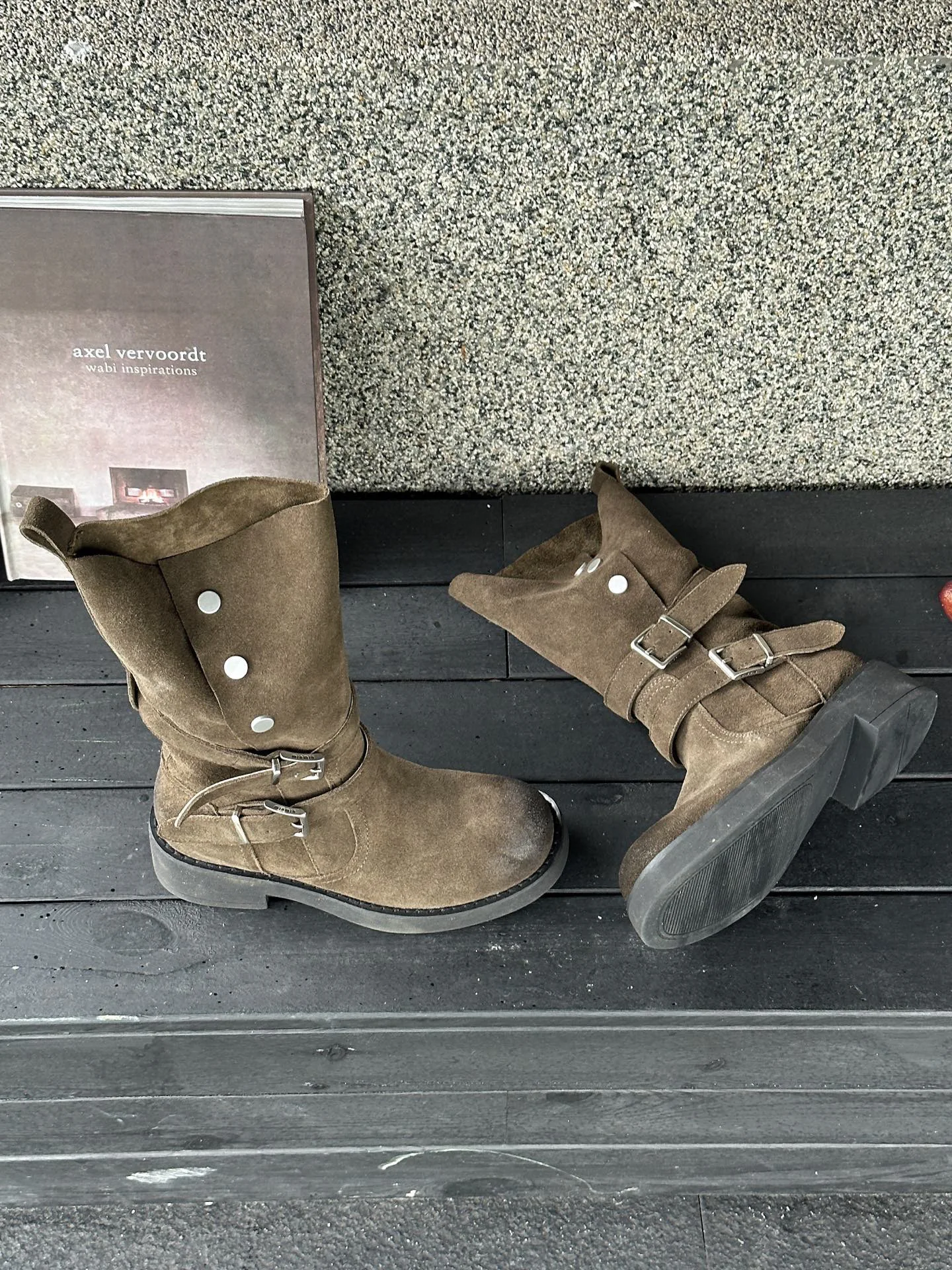 Autumn New Wasteland Style Retro Round Toe Thick Heel Lapel Tube Rubbed Color Cow Suede Leather Western Short Boots Women Boots