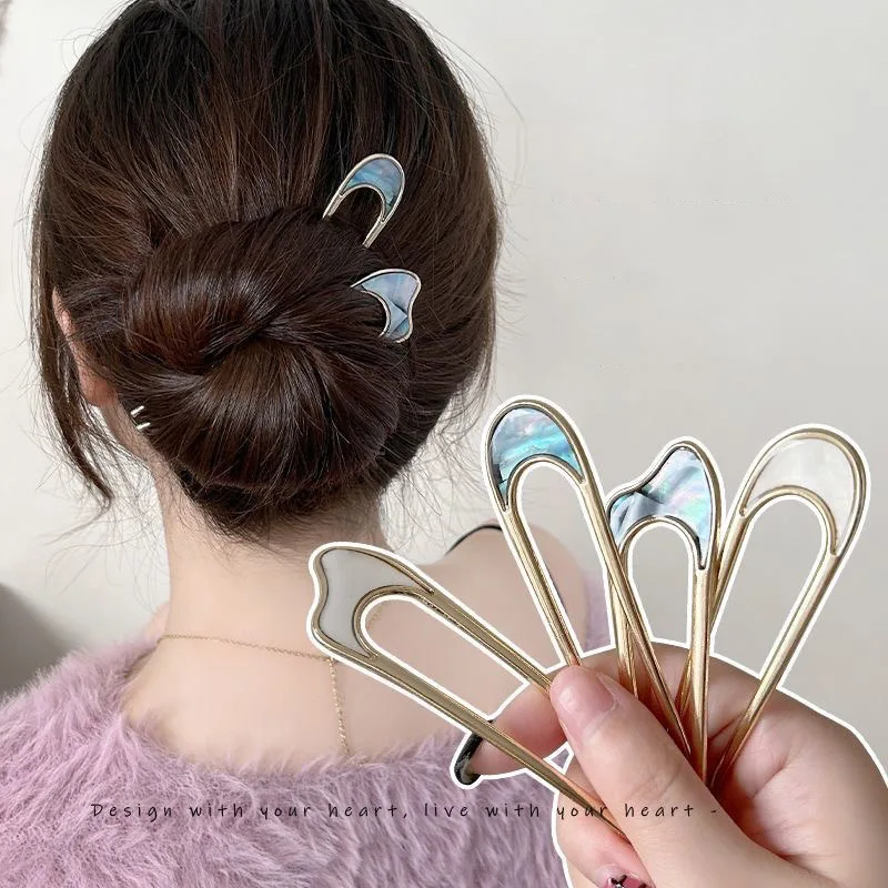 Mode Haar Zubehör Metall U Form Haar Stick Für Frauen Silber Gold Farbe Elegante Shell Emaille Haarnadel Weibliche Kopfbedeckungen Geschenke