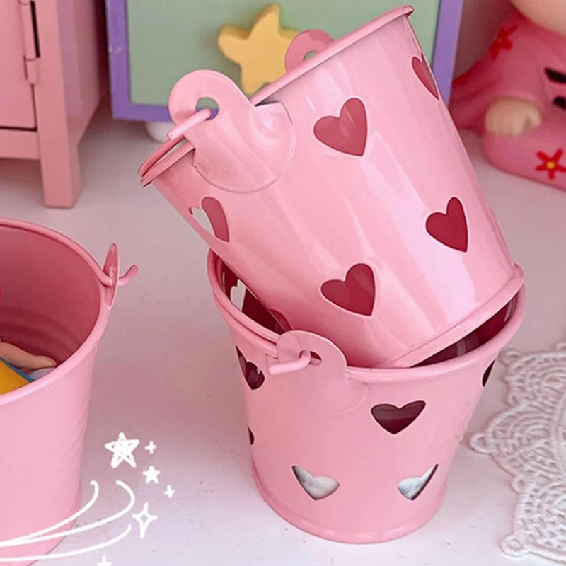 Cute Pink Bucket Pencil Holder Metal Pen Cup Decorative Desktop Storage Organizer for Makeup Brush Stationery Tape Ruler